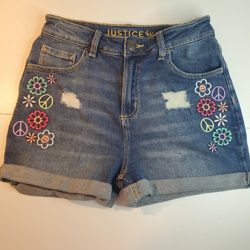Justice Girls Mini Mom Shorts Size 18 Dark Wash Embroidered Peace Flower Denim